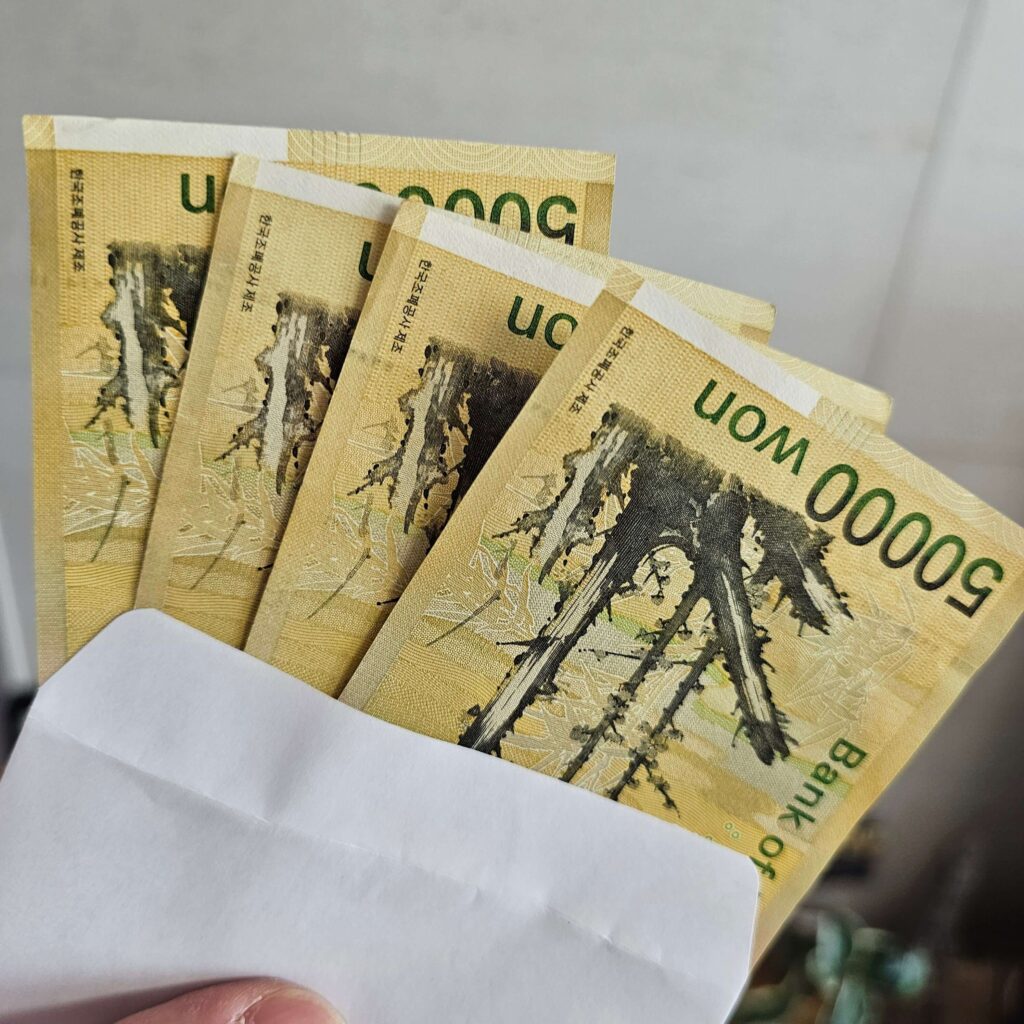 5만 원권 현금이 봉투에 들어 있는 이미지