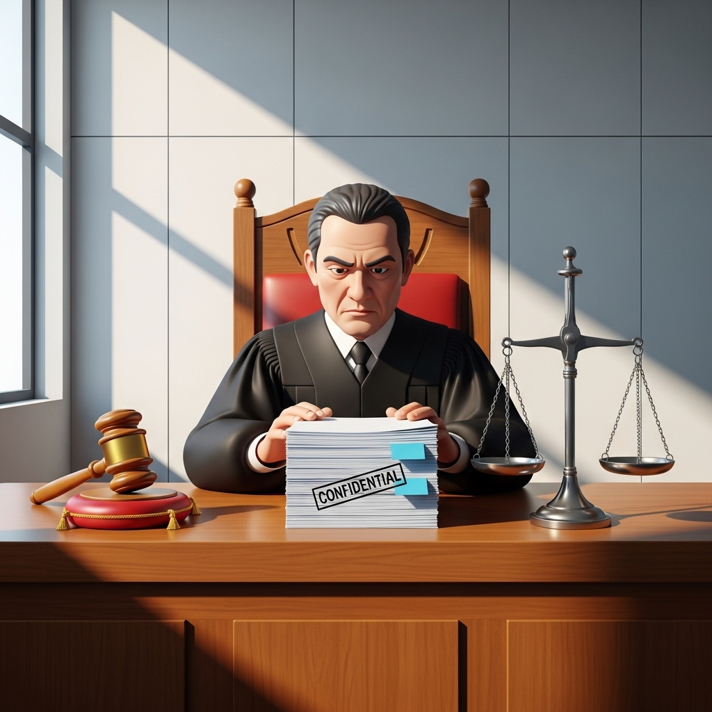 재판정 중앙에 앉은 판사가 서류 기록을 차분히 검토하며 내란 관련 중요 사건을 심리하는 모습을 표현한 이미지입니다.