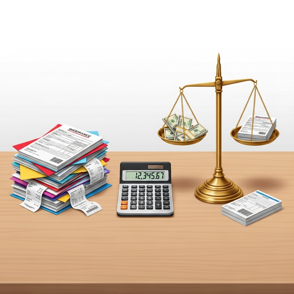 개인회생 신청 비용을 비교하기 위해 서류와 계산기를 놓고 고민하는 장면