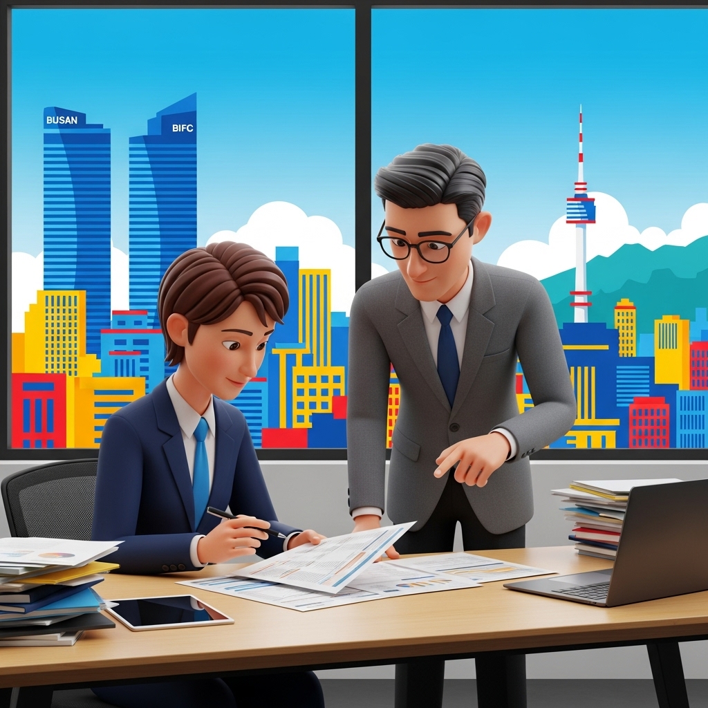 부산 거제동에서 개인회생 상담을 위해 서류를 검토하며 상담을 받고 있는 장면