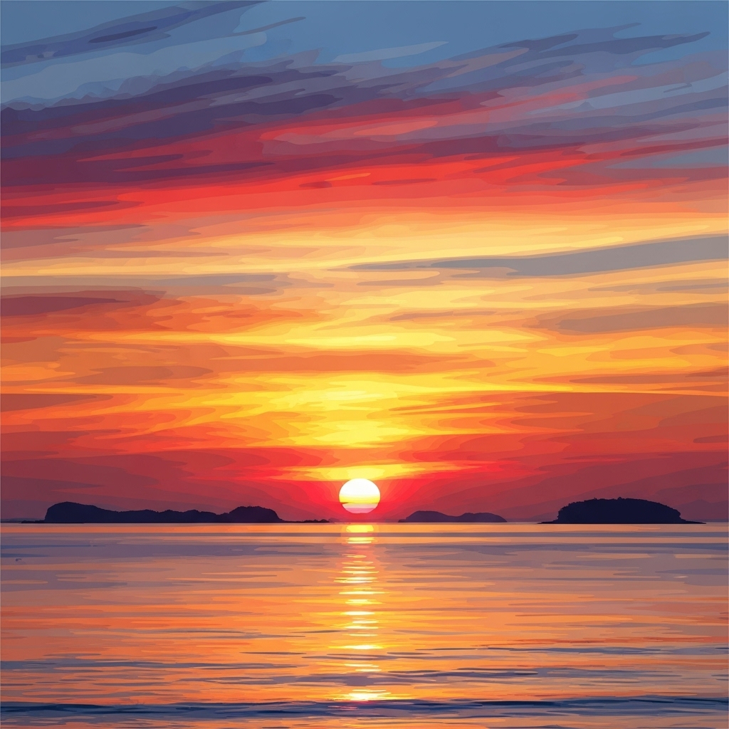 인천 바다에서 섬과 수평선을 배경으로 해가 떠오르는 장면