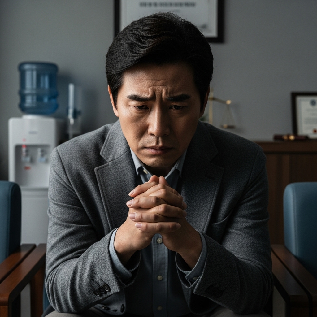 성범죄 사건으로 변호사 사무실 상담을 앞두고 불안한 표정으로 고민하는 모습