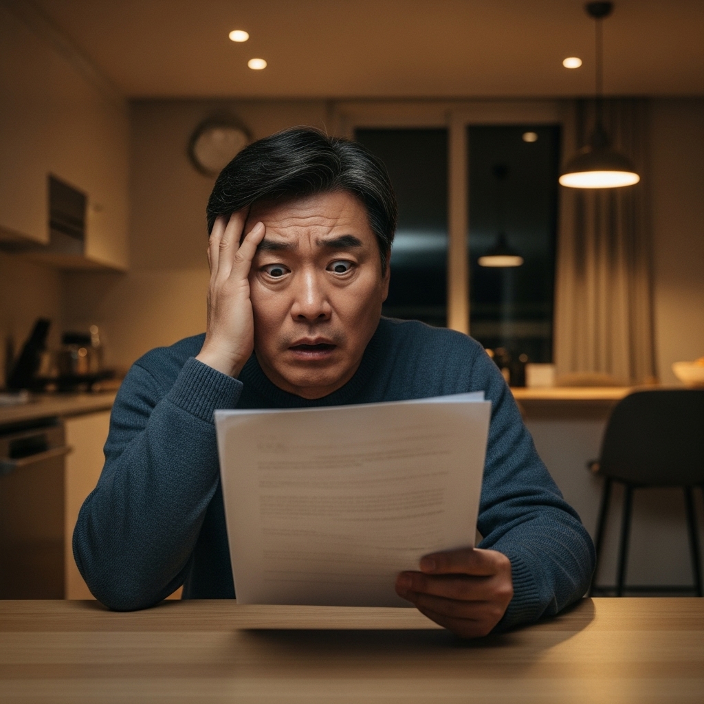 민사재판 1심 패소 판결문을 보고 경매를 걱정하며 당황한 표정을 짓는 모습