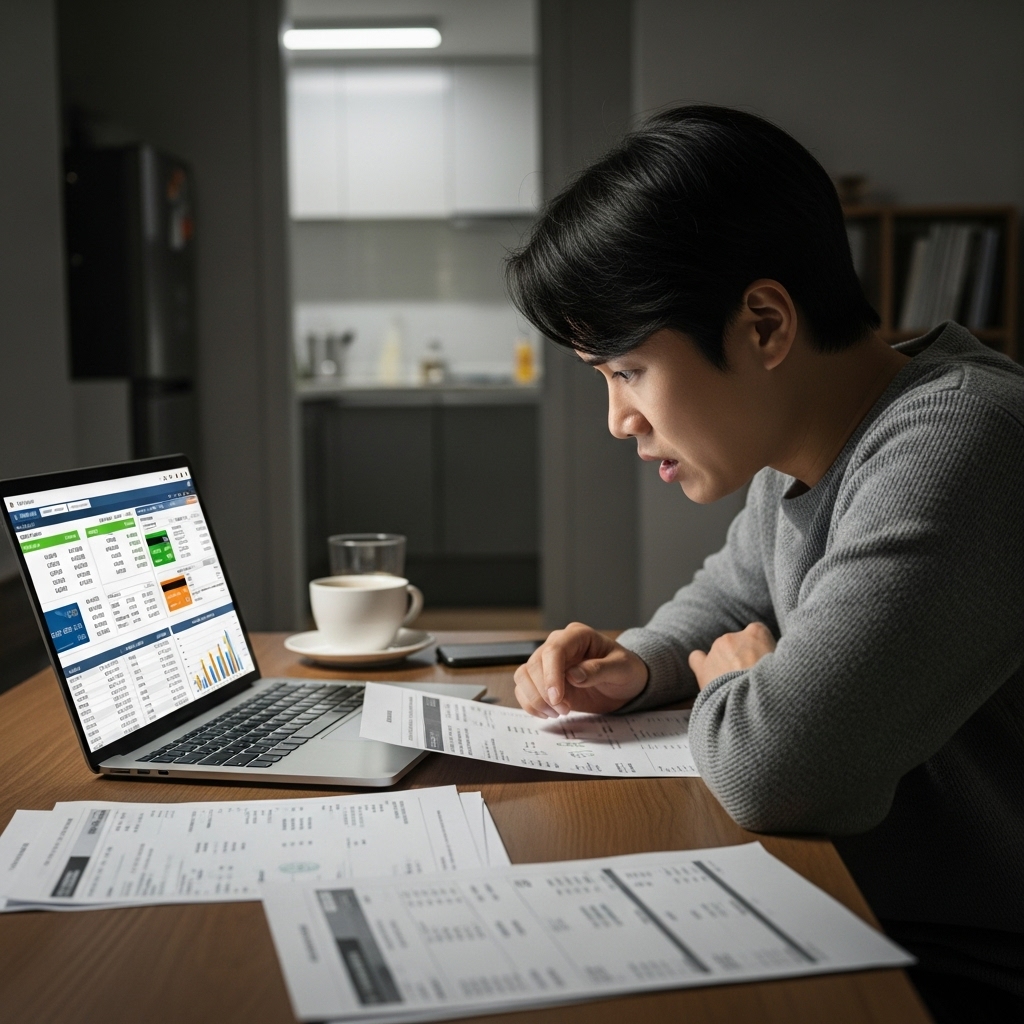 서울에서 빚 문제로 개인회생 조건을 알아보며 서류를 살펴보는 모습