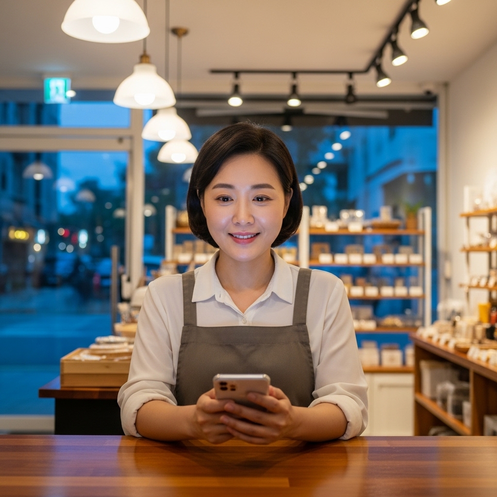 소상공인 지원금 소식을 확인하고 안도한 표정을 짓는 자영업자 모습