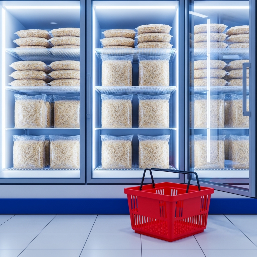 냉동 진열대에서 카다이프 재료를 직접 확인하며 구매를 고민하는 장면