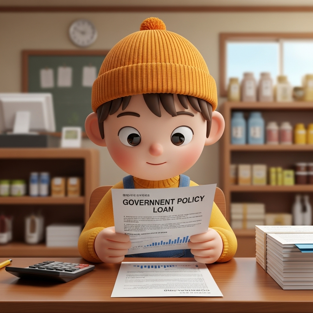 귀여운 꼬마 3D 캐릭터가 소상공인 정책자금 대리대출 서류를 살펴보는 장면