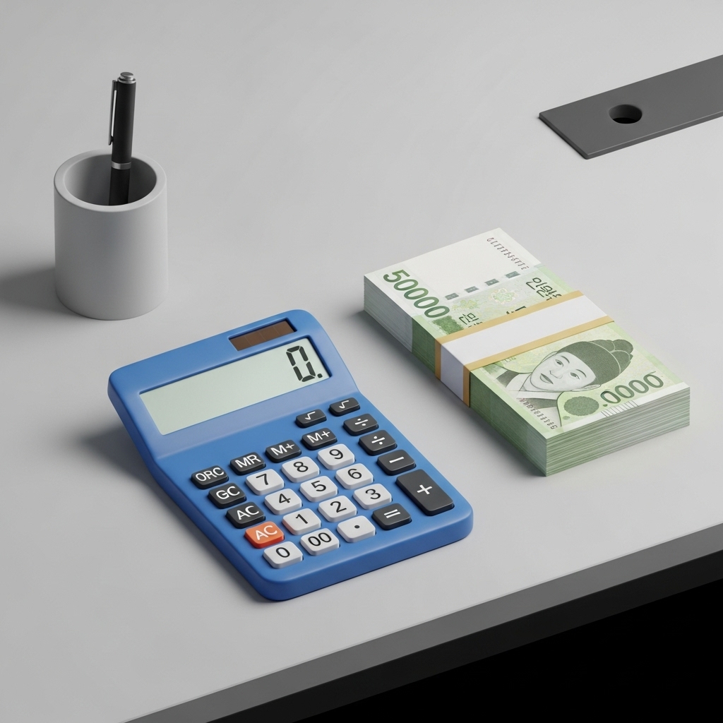 2026년 최저시급을 계산하기 위해 계산기와 화폐를 함께 확인하는 장면