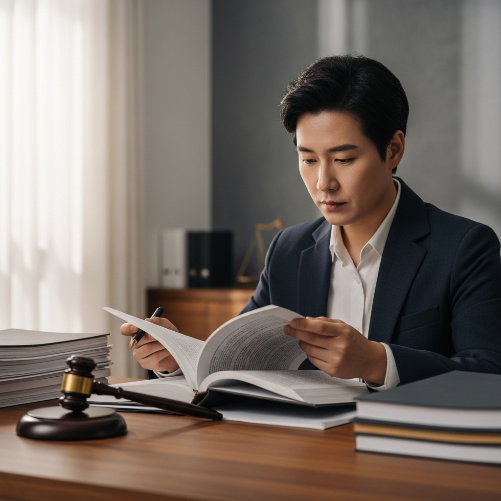 형사사건 판결문을 보며 항소 여부를 고민하는 모습