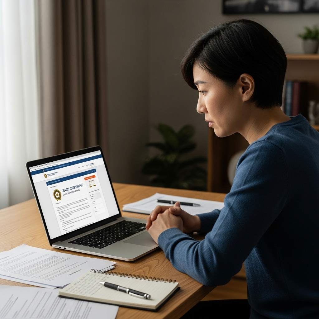 노트북으로 법원 사건 진행 상황을 확인하며 고민하는 모습