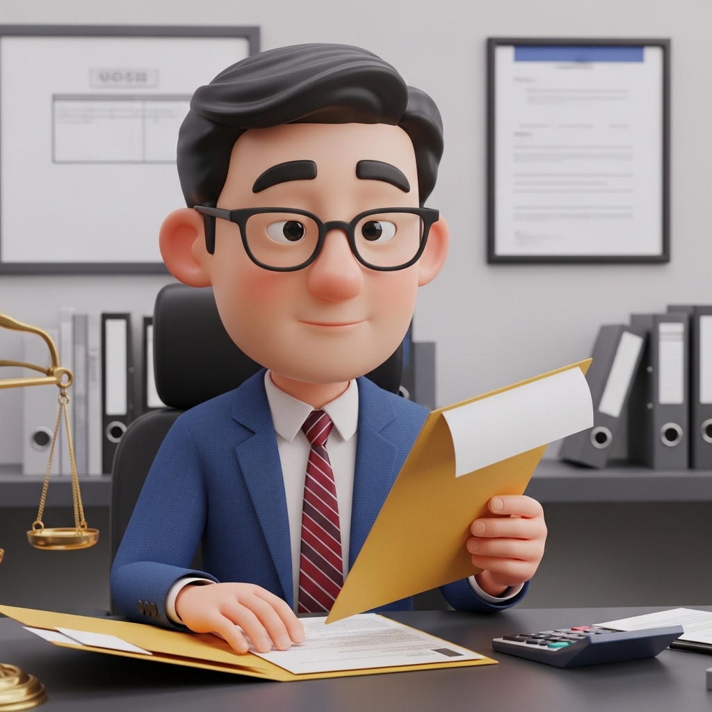 추심금지급요청서를 작성하며 서류를 검토하는 한국인 3D 캐릭터 모습