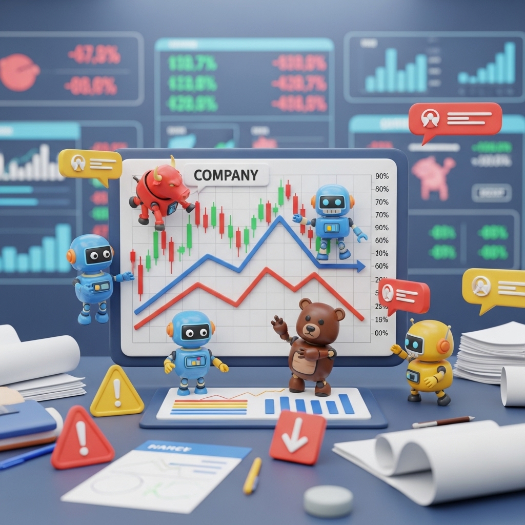 로봇 관련 기업 주식 차트와 상장 상태를 확인하며 투자 판단을 고민하는 장면