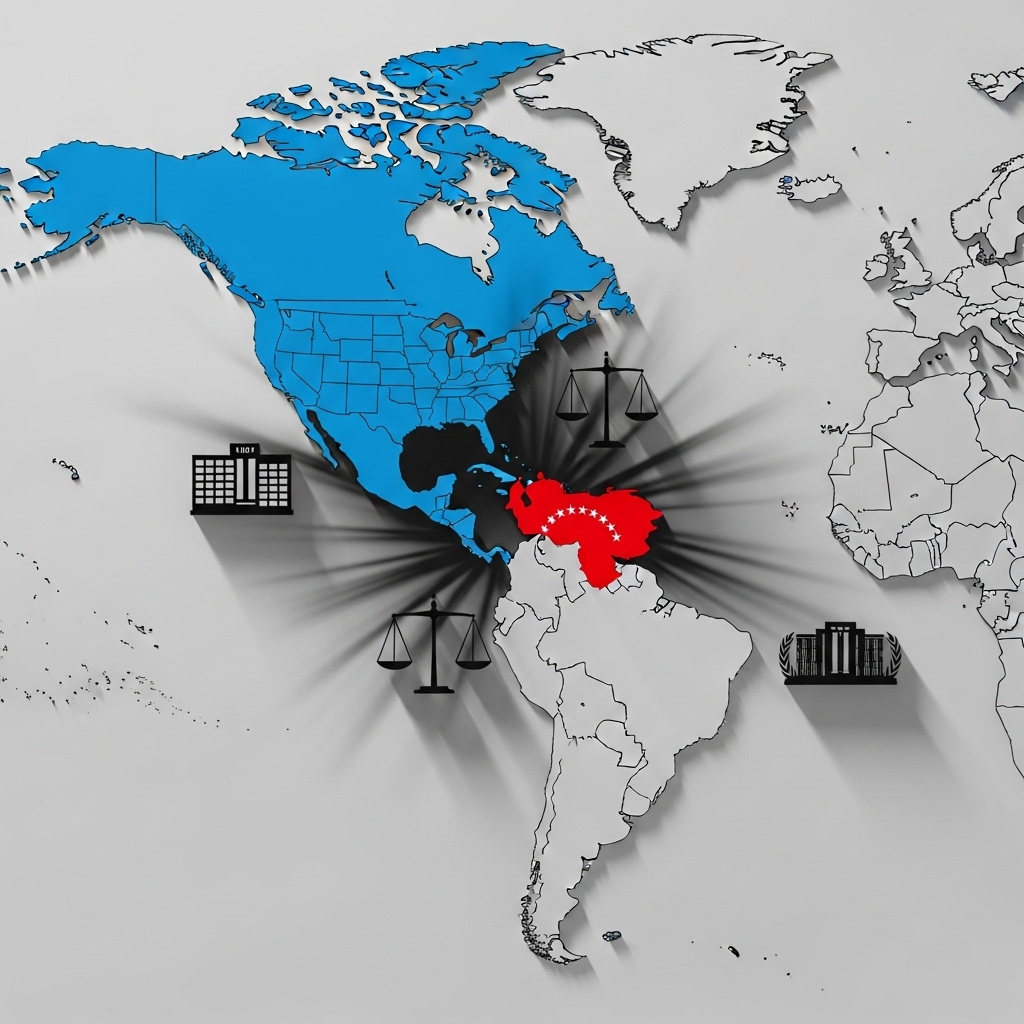 미국과 베네수엘라를 중심으로 국제법 논란과 외교 갈등을 상징적으로 표현한 장면
