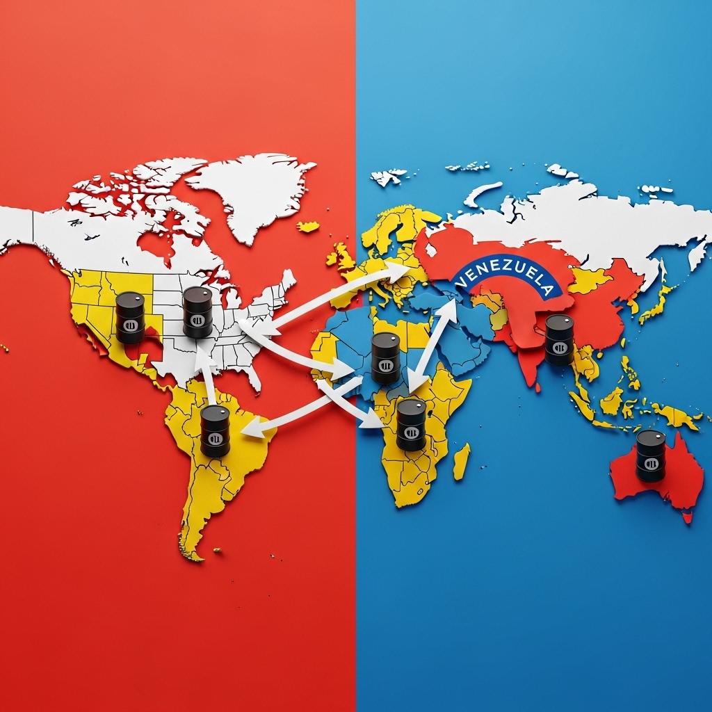 미국과 베네수엘라의 갈등 배경을 국제 정치와 자원 이슈 중심으로 표현한 이미지