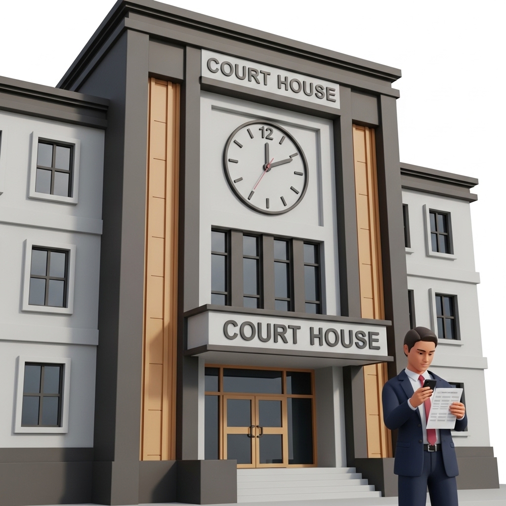 점심시간에 법원 방문 전 스마트폰으로 업무 가능 여부를 확인하는 장면