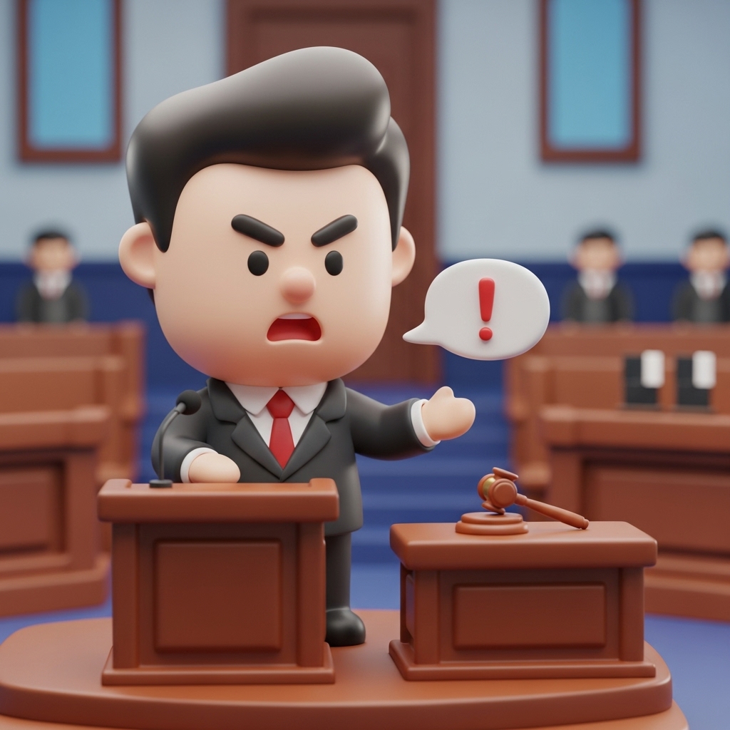 법정에서 검사가 형량을 요청하는 상황을 상징적으로 표현한 이미지