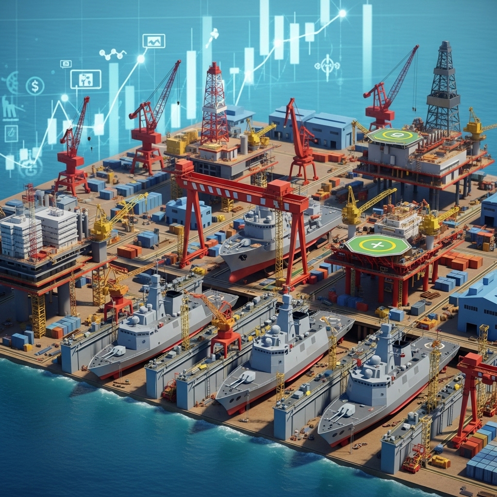 조선소와 군함 이미지를 배경으로 한화오션 주가 전망을 고민하는 투자 상황을 표현한 장면