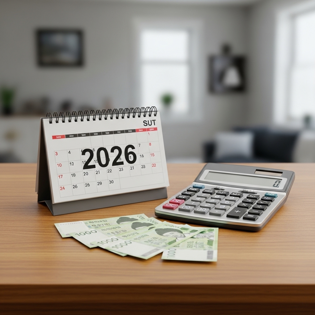 2026년 생계급여 금액을 확인하기 위해 달력과 계산기를 함께 살펴보는 장면