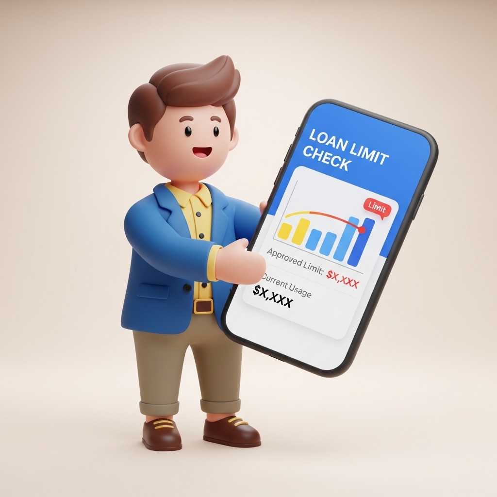 스마트폰으로 대출한도를 확인하고 있는 귀여운 3D 사람 캐릭터 장면