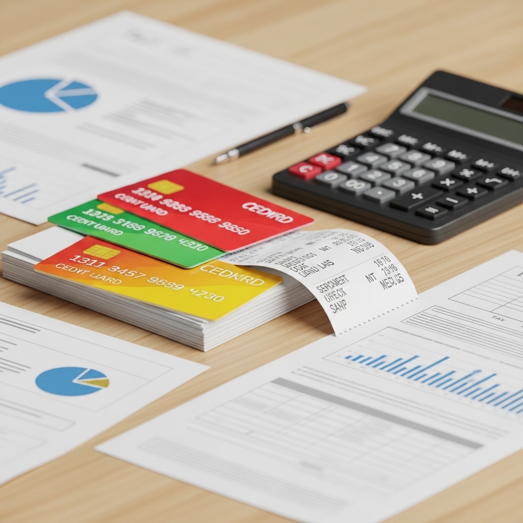 연말정산을 위해 신용카드 사용 내역과 계산기를 확인하는 장면