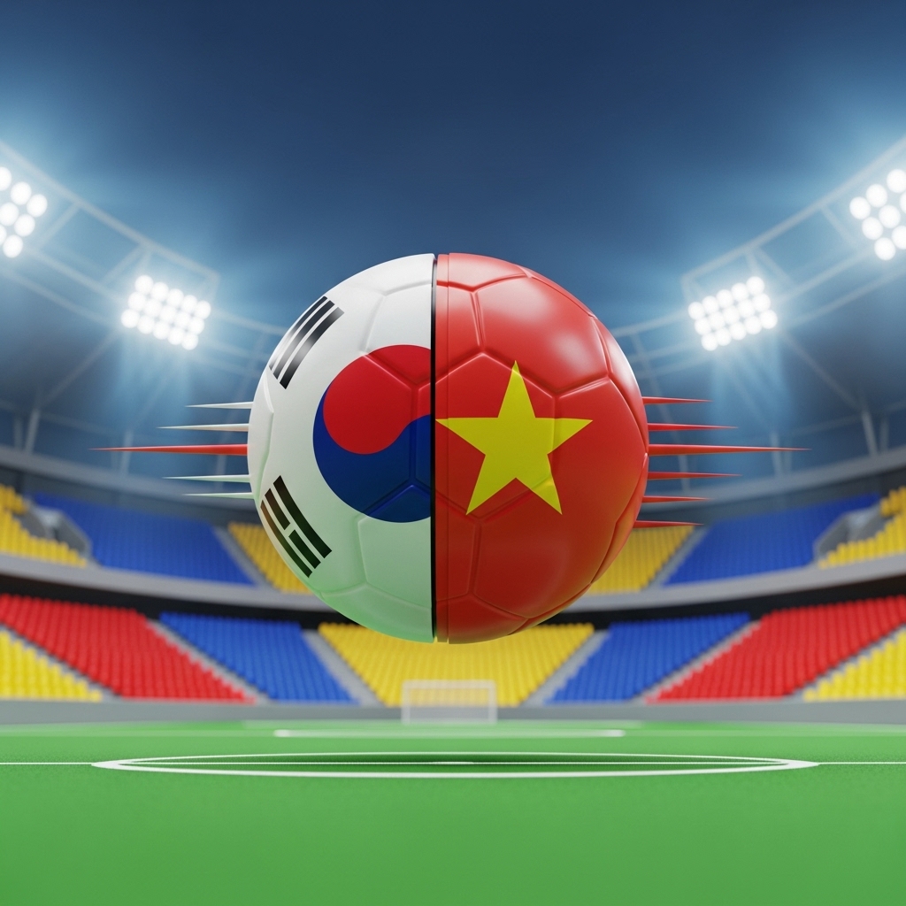 한국과 베트남 축구 경기를 상징적으로 표현한 경기 장면 일러스트