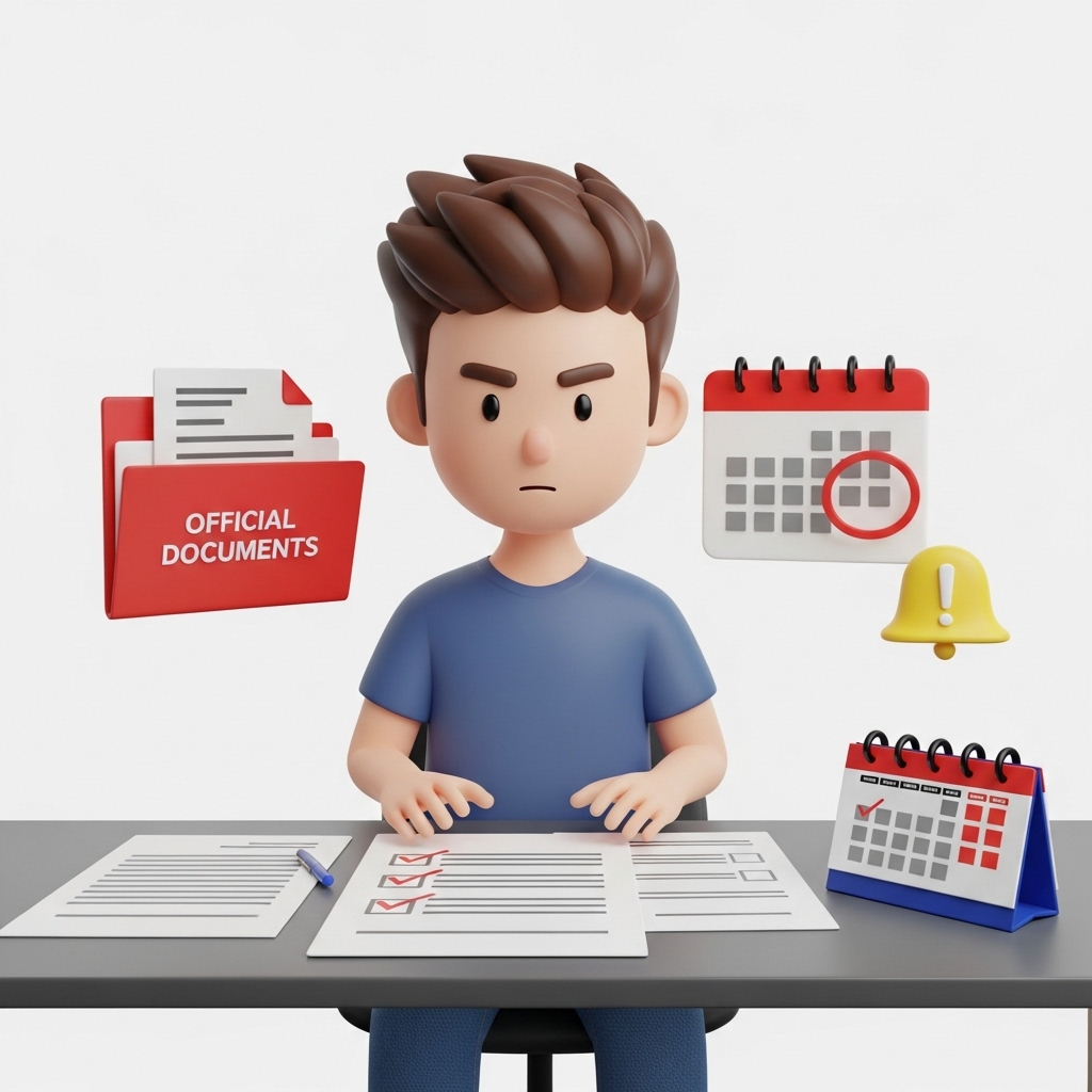 입영연기 구비서류를 확인하며 서류를 준비하는 귀여운 3D 캐릭터 장면