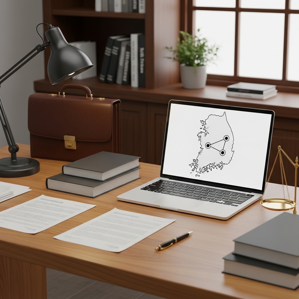 한국 형사사건에서 타지역 변호사 선임을 고민하며 사무실 책상 위 지도 화면을 살펴보는 장면