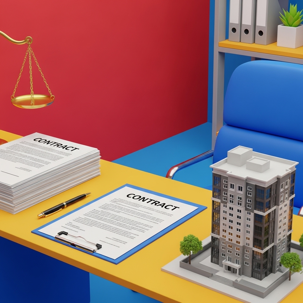 부동산 계약서와 건물 모형을 두고 법률 상담을 준비하는 장면