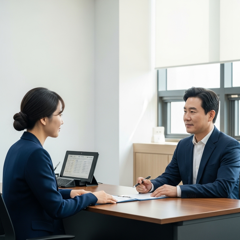 법률구조공단 상담을 위해 변호사와 시민이 사무실에서 마주 앉아 상담하는 장면 ai생성 이미지
