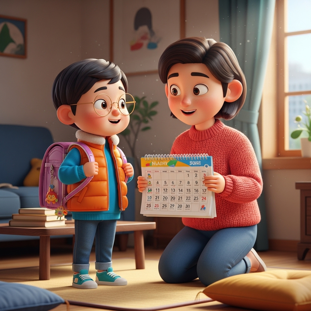 2026년 초등학교 봄방학을 앞두고 부모와 함께 일정을 확인하는 한국인 어린이 3D 캐릭터 모습