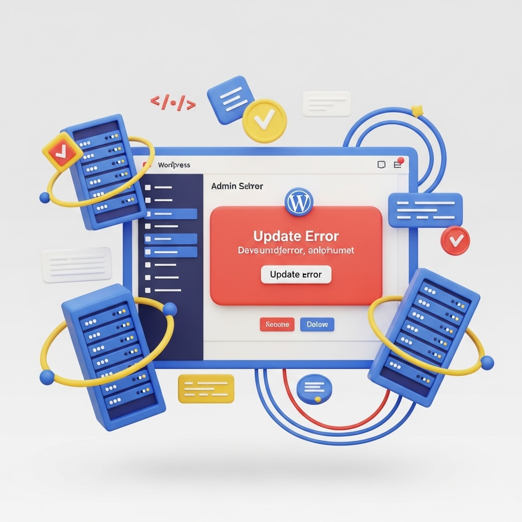 워드프레스 관리자 화면에서 업데이트 실패 오류 메시지를 확인하는 장면