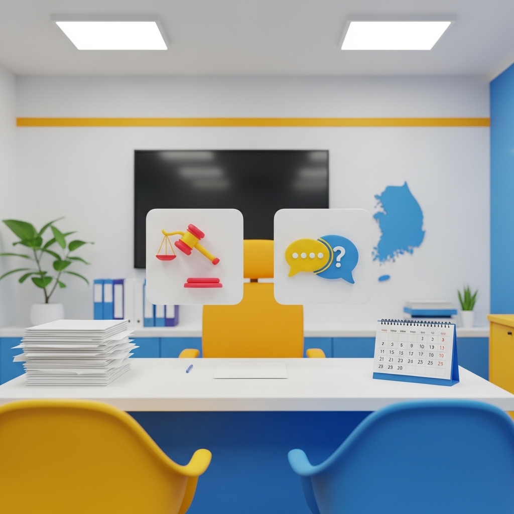 주민센터에서 무료 법률상담을 알아보기 위해 안내 공간을 살펴보는 장면