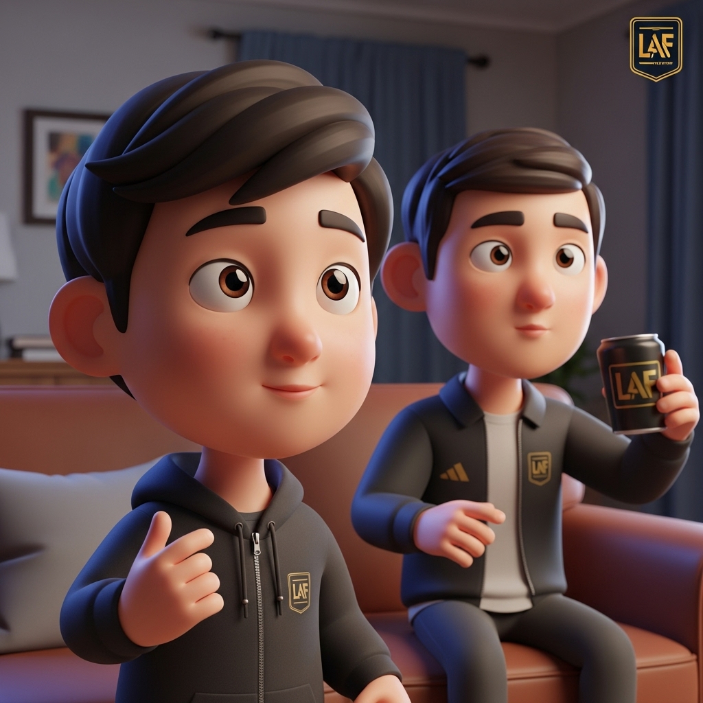 LAFC 플레이오프 경기를 한국에서 시청하며 TV 앞에 앉아 있는 한국인 축구 팬 3D 캐릭터 모습