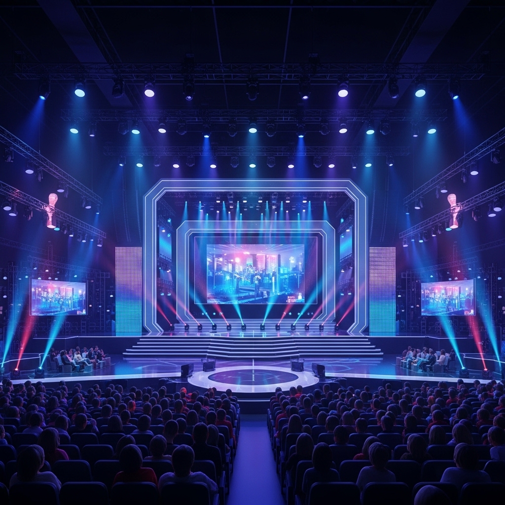 공연장 무대와 조명이 화면 전체를 채운 트로트 오디션 방송 다시보기 분위기 장면