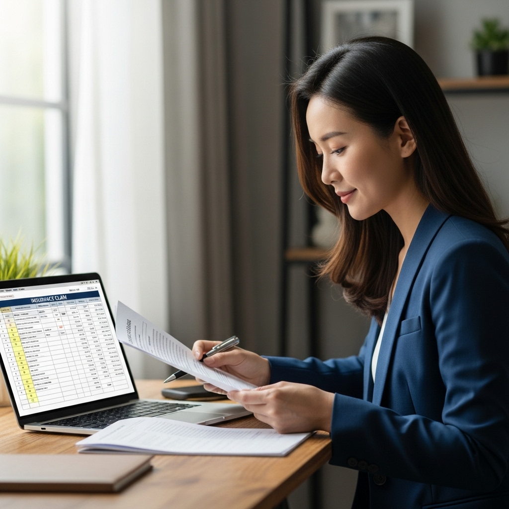 보험금 지급 내역 서류를 확인하며 발급 절차를 살펴보는 모습