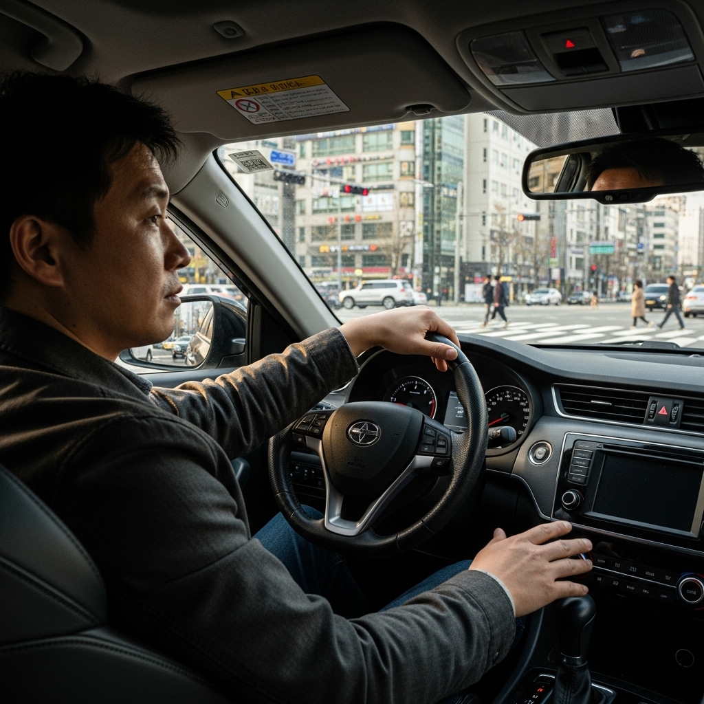 신호대기 중 자동변속기 기어 위치를 고민하며 운전석에 앉아 있는 모습