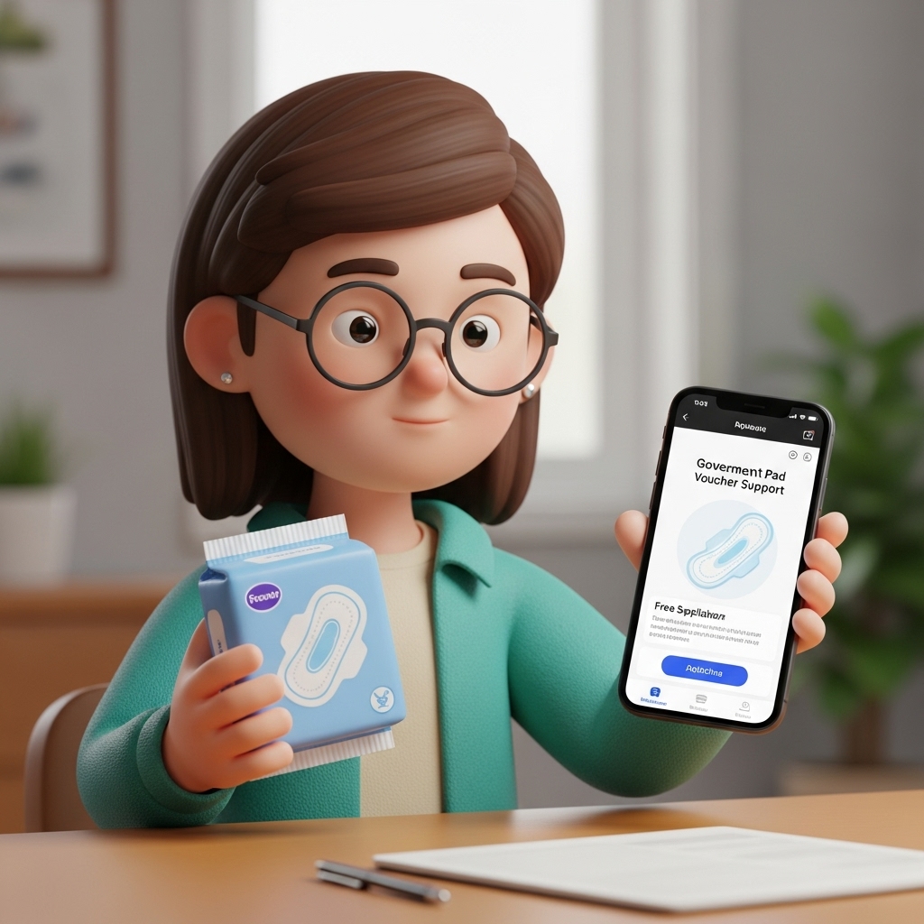 3D 사람 캐릭터가 실제 색감의 생리대와 스마트폰을 들고 생리대 바우처 무상지원 신청 상황을 보여주는 장면