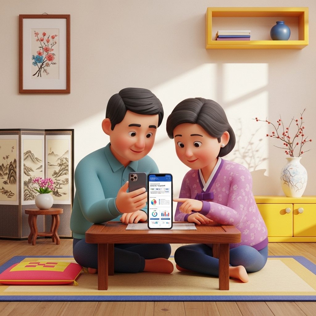 한국식 거실에서 스마트폰으로 기초생활수급자 명절 위로금 정보를 확인하는 모습