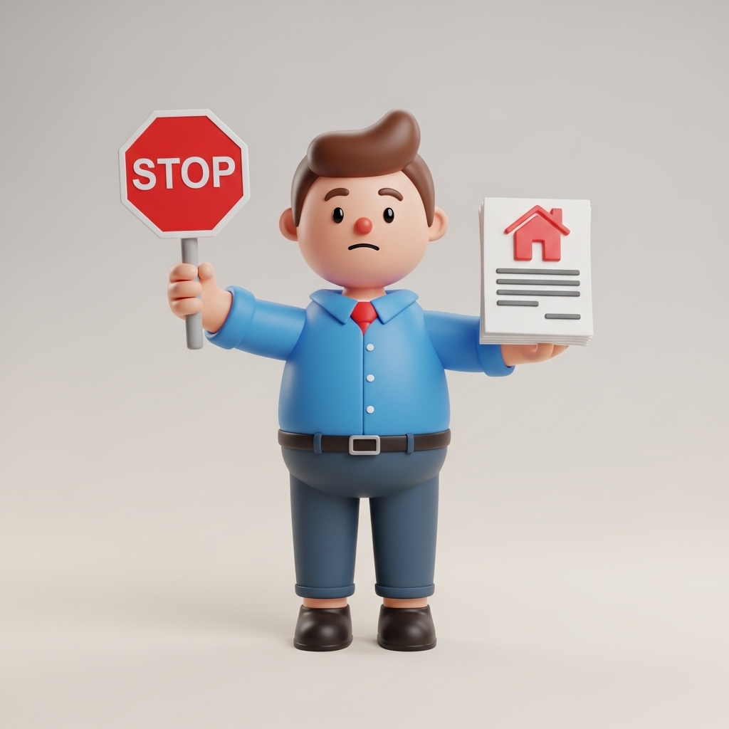 부동산 경매를 중지시키기 위해 서류를 들고 고민하는 귀여운 3D 사람 캐릭터 장면
