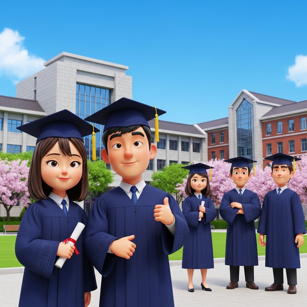 부산대학교 졸업식을 앞두고 학사복을 입은 한국인 대학생 3D 캐릭터 모습