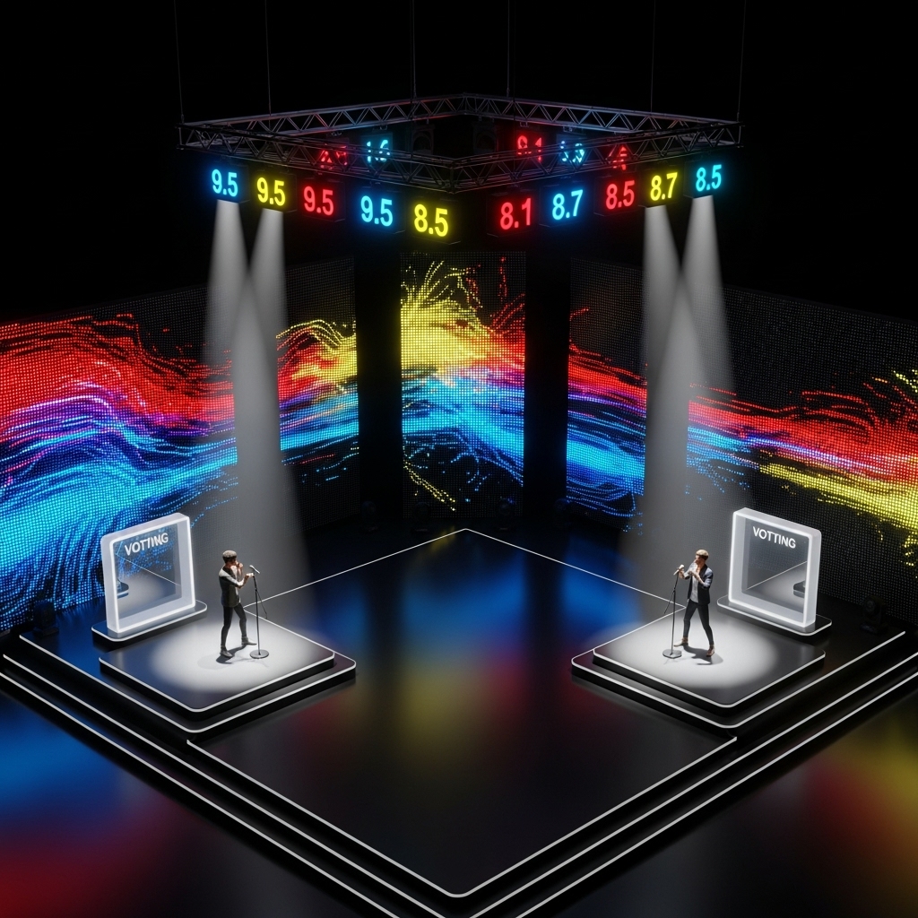 트로트 경연 프로그램에서 참가자들이 1대1 대결 무대를 펼치고 결과를 기다리는 장면