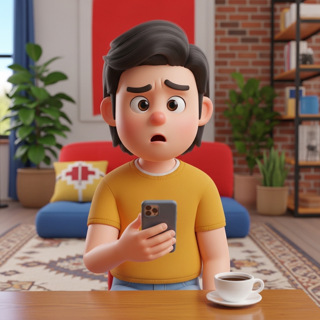 카카오톡에서 연락처 이름이 바뀐 것을 확인하며 스마트폰을 보는 한국인 3D 캐릭터 모습