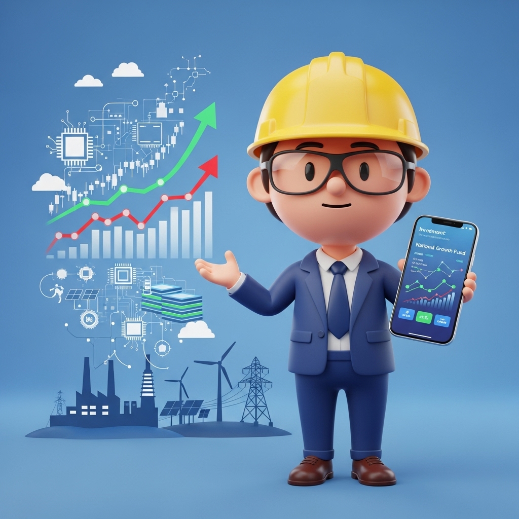 3D 사람 캐릭터가 스마트폰으로 국민성장펀드 관련 투자 정보를 확인하는 장면