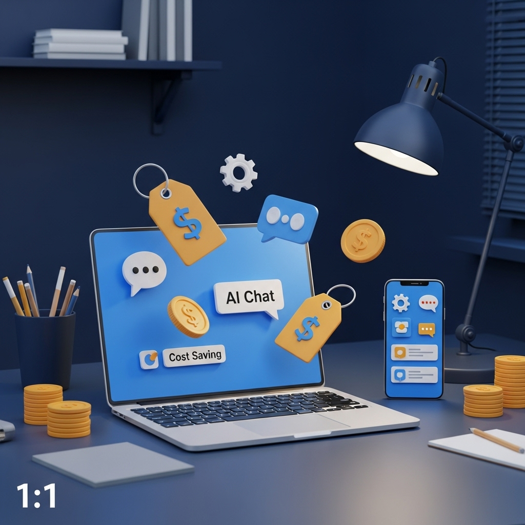 작업용 책상 배경에서 챗지피티를 비용 절감 방식으로 사용하는 상황을 표현한 이미지