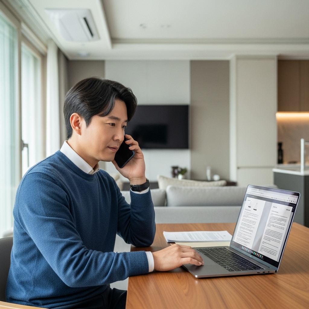 집에서 전화로 개인회생 상담을 진행하며 노트북으로 서류를 확인하는 모습