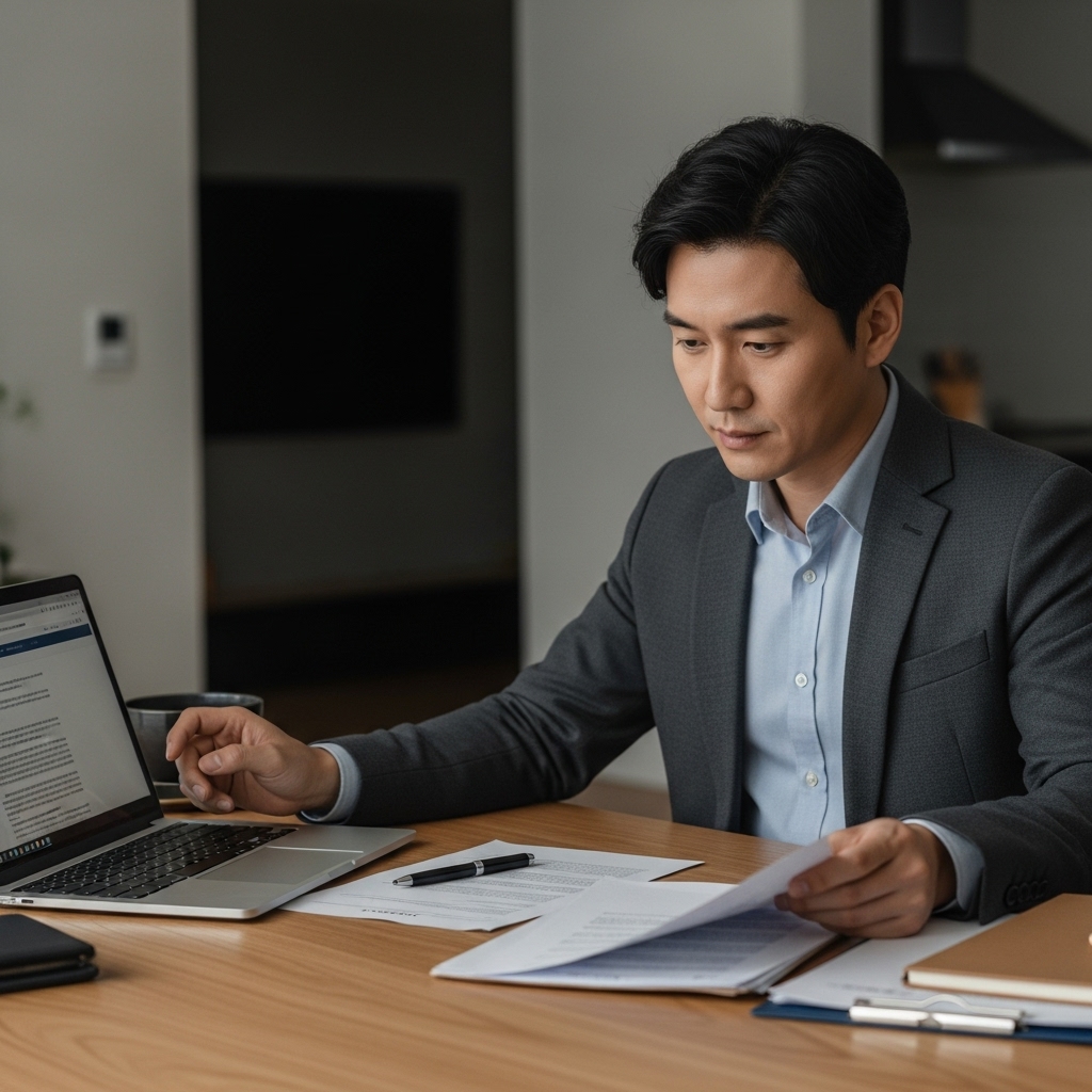가정에서 이혼 관련 서류와 비용을 고민하며 노트북을 보는 장면