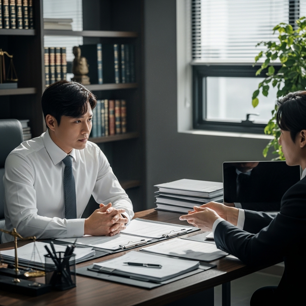 형사사건으로 변호사 상담을 받으며 선임 여부를 고민하는 장면