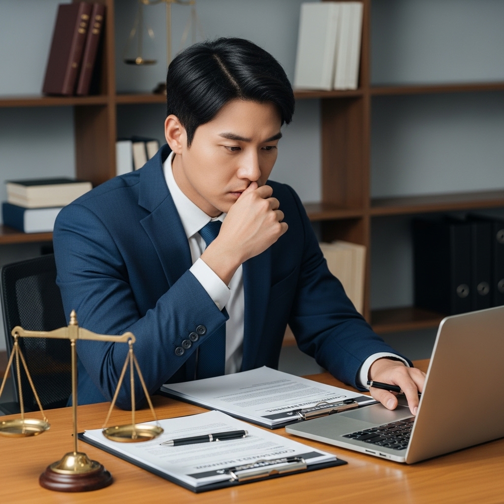 부산에서 형사 변호사 선임 비용을 알아보기 위해 상담 자료를 살펴보는 모습