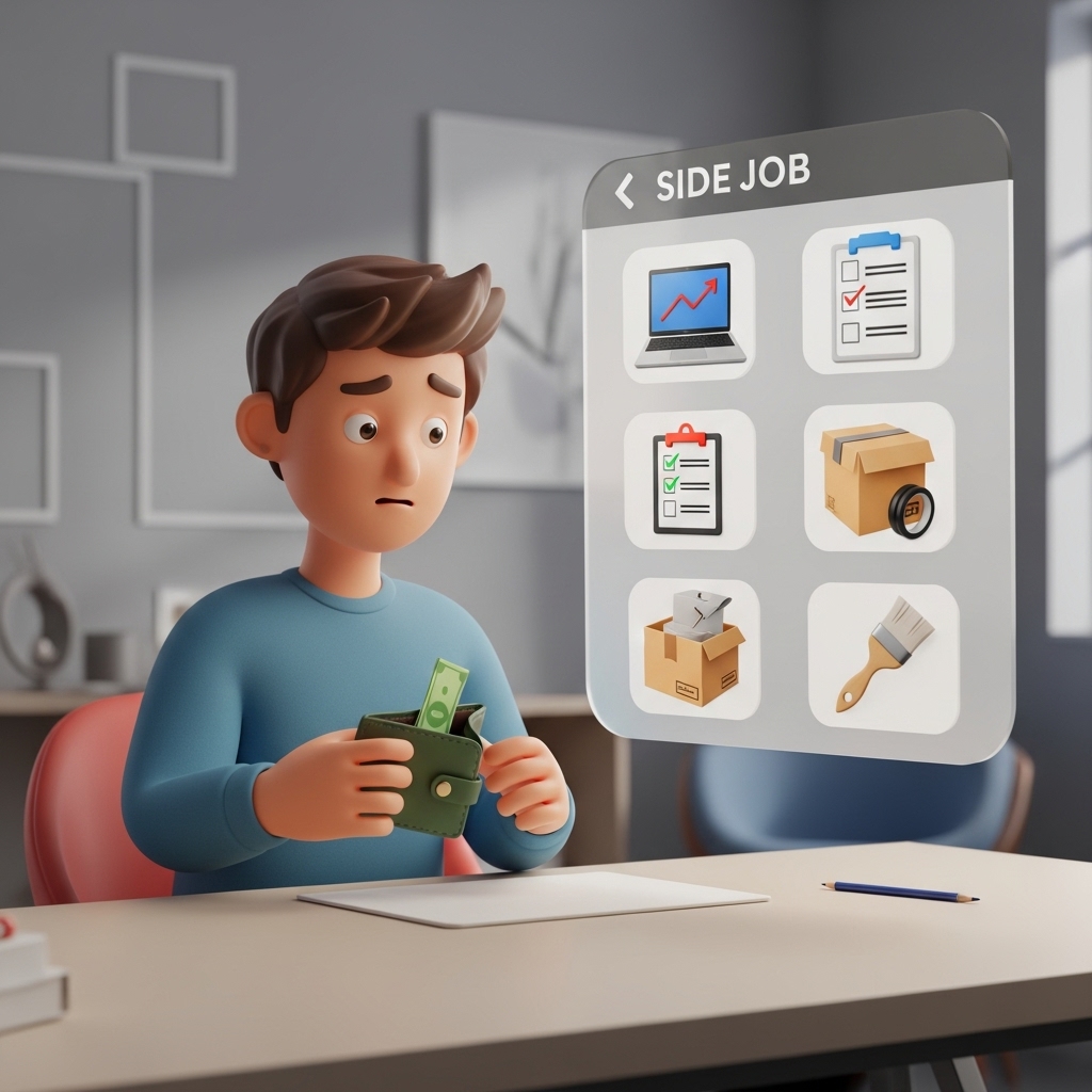 돈이 없다고 느끼며 부업 시작을 망설이는 사람이 책상 앞에서 고민하는 장면