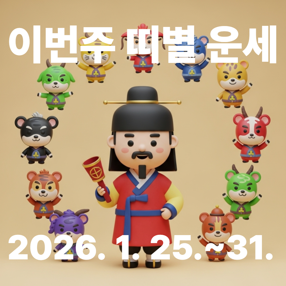 한국적인 분위기의 귀여운 3D 캐릭터가 동양적 12띠 상징 아이콘과 함께 차분하고 따뜻한 느낌으로 배치된 모습